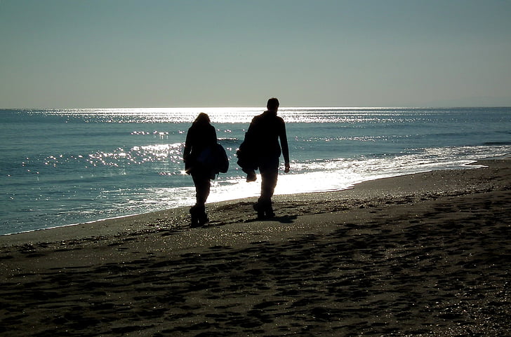 havet, stranden, par, ballad, personer, Sand, siluett