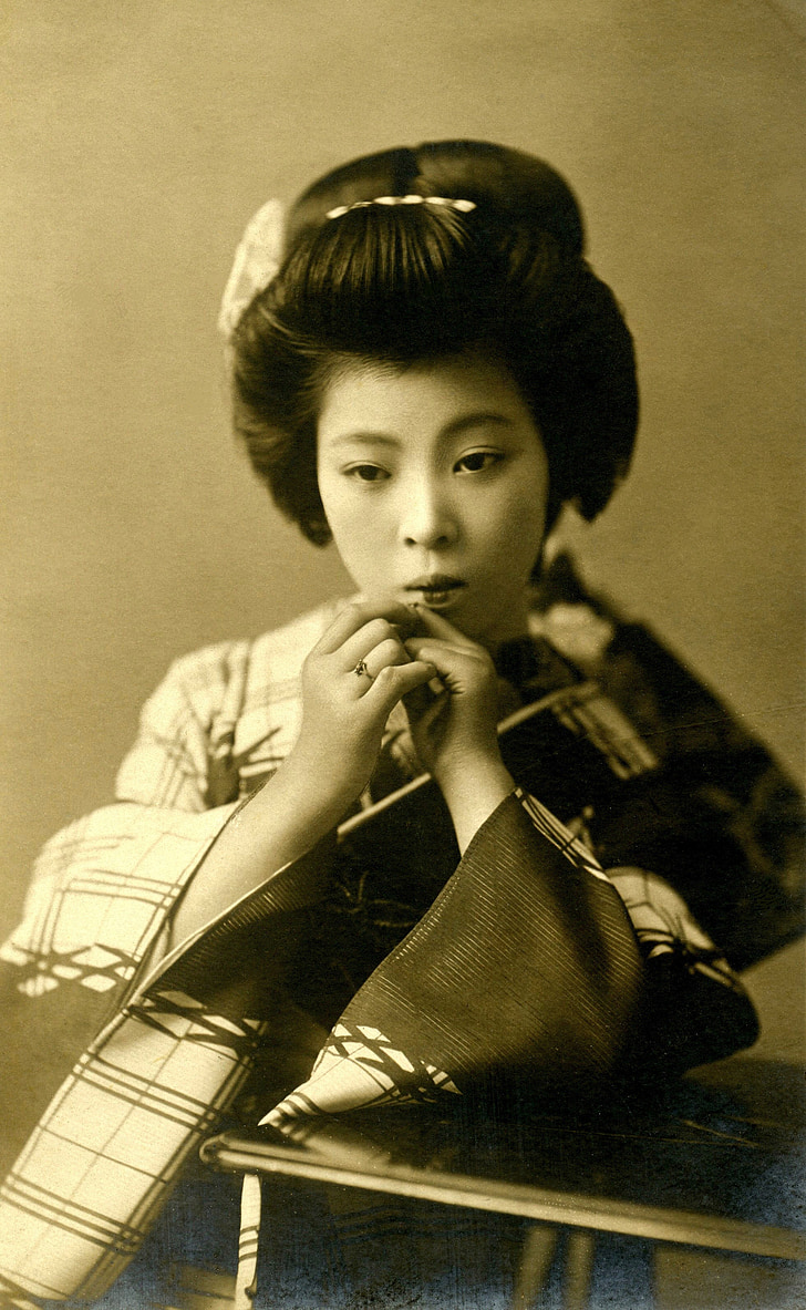 Geisha, retro, Vintage, Japanska, Asia, svart och vitt, gammaldags