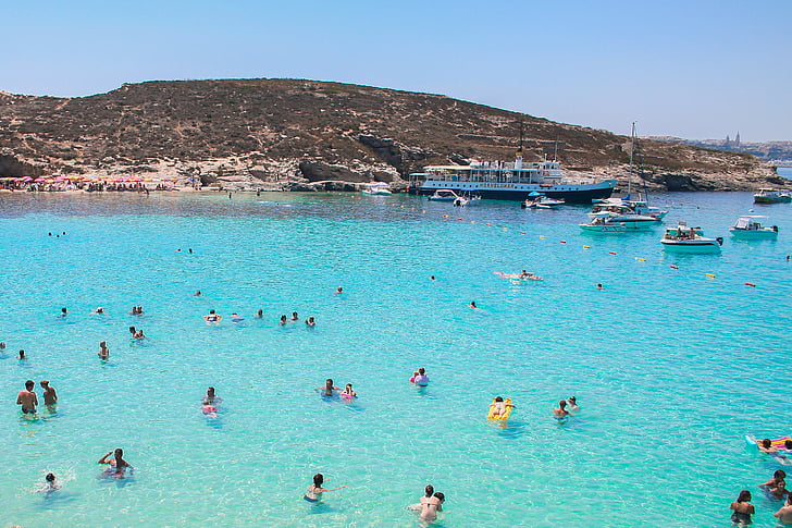 Pantai, laguna biru, perahu, jelas, tamasya, Malta, rekreasi