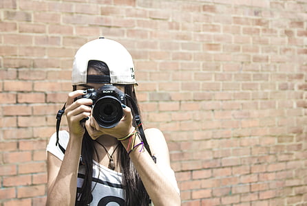 kamera, mursten, kvinder, kultur, væg, fotografere, forsiden