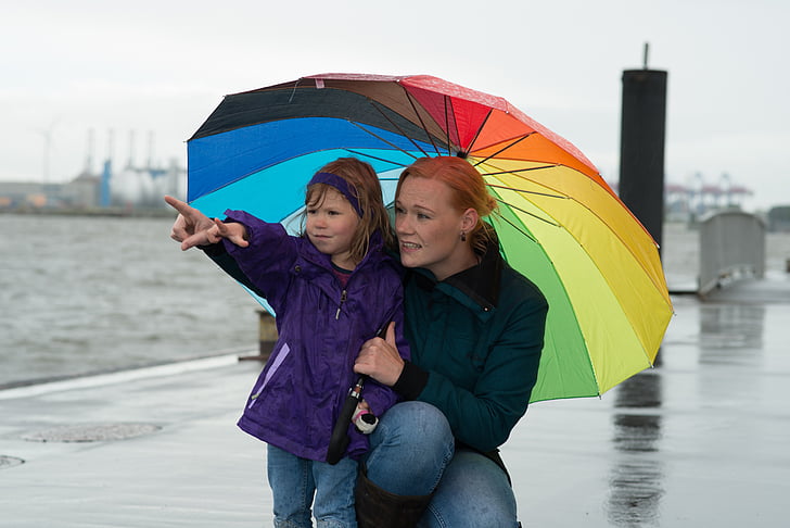 kvinne, barn, paraply, Hamburg, vann, port, farge