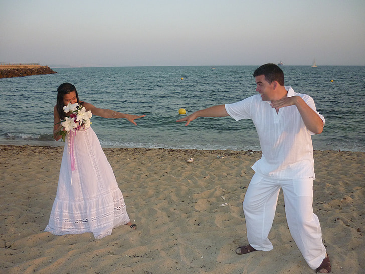 Vestuvės, paplūdimys, santuoka, meilė, pora, jūra, smėlio