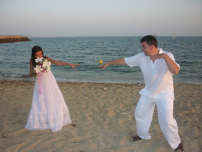 bruiloft, strand, huwelijk, liefde, paar, zee, zand