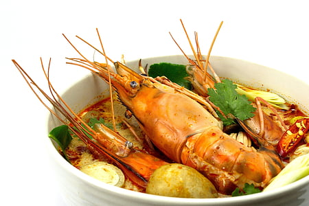tom yum goong, horká a kyslá polievka, krevety, jedlo, Thajsko, Thajsko potravín, misky