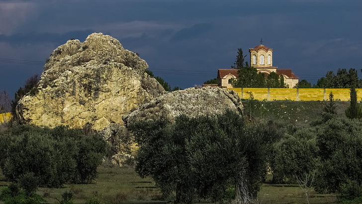 rock, landscape, olive trees, church, monastery, countryside, scenery