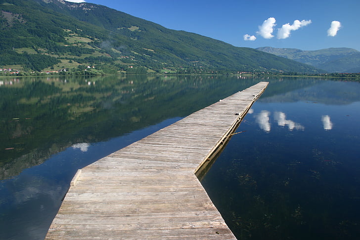 ponte, Lago, refletida na água, paisagem, descanso, cenário, paraíso