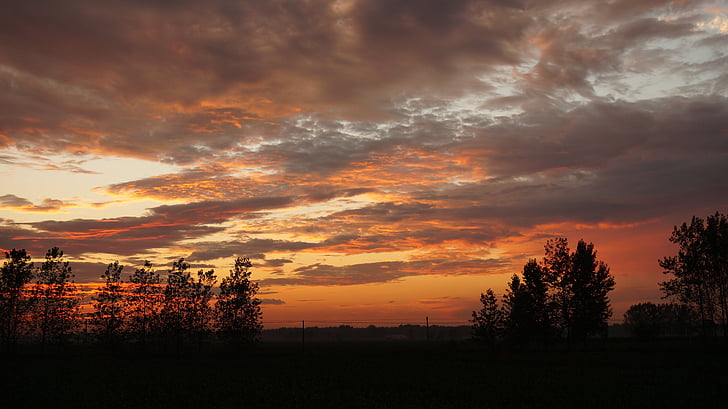 sunset, burning clouds, country, landscape, sky, orange clouds
