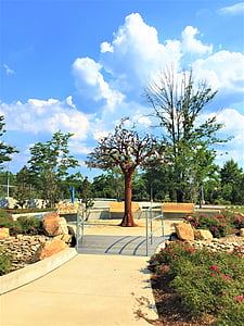 metal tree, sculpture, blue sky, park