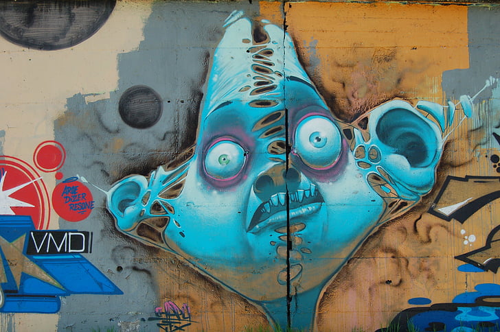 VMD, niebieski, e, t, ściana, graffiti, sztuka