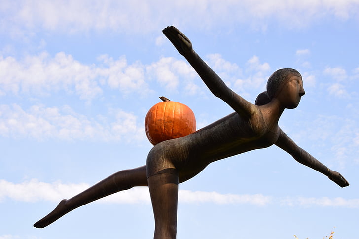 sculpture, fly, funny, pumpkin, bronze, woman, art