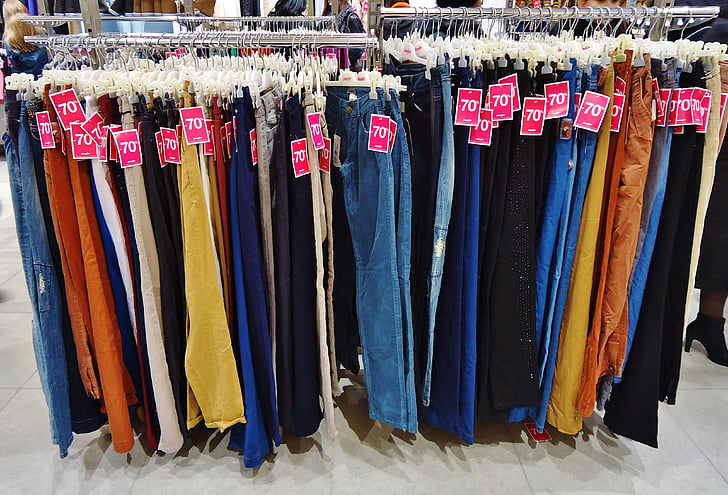housut, Shop, Store, ripustin, laakeri, vaatteet, vähittäiskaupan