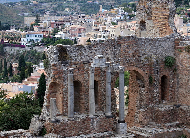 het amfitheater, de ruïnes van de, oude, Taormina, Sicilië, monument, het platform