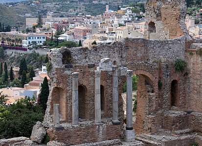 ampiteater, reruntuhan, kuno, Taormina, Sisilia, Monumen, arsitektur