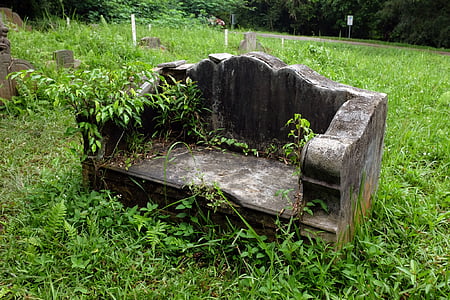 old stone bench, abandoned cemetery, double tomb, man and wife, burial, foliage, overgrown