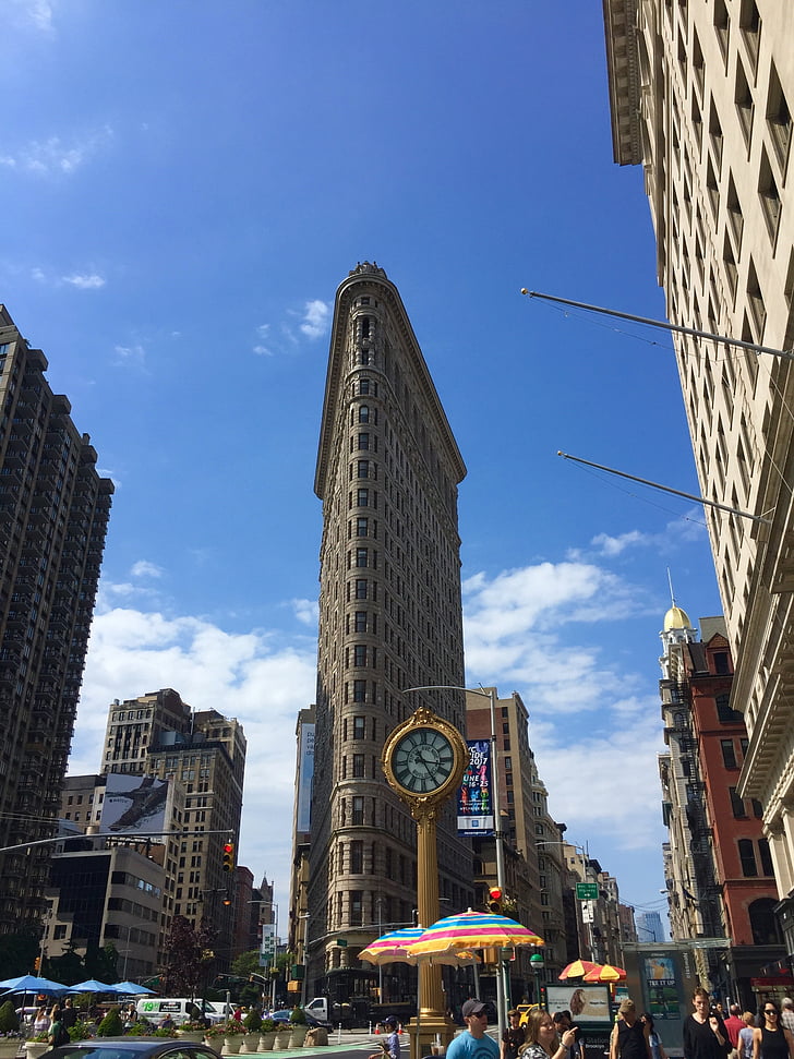 flat iron, new york, clock, building, downtown, city, america