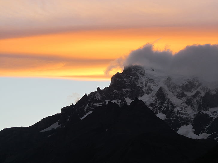 Patagonie, Chile, Torres del paine, Národní park, Hora, Západ slunce, mrak