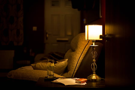 room, armchair, lamp, evening, home, chair, interior