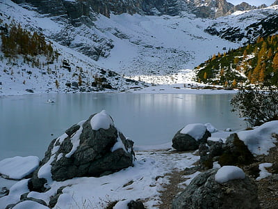 湖, sorapiss, コルティナ, ベッルーノ, 冬, 冷凍, 雪