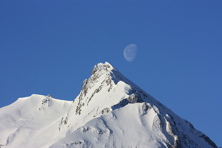 mountain, moon, landscape, outdoor, snow