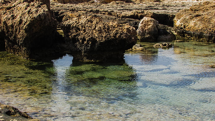 rock formations, beach, sea, reflections, coast, nature, ayia napa