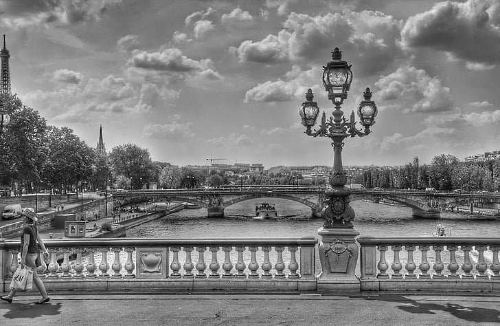 tiltas, žibintai, Paryžius, Prancūzija, Architektūra, juoda ir balta, istorija