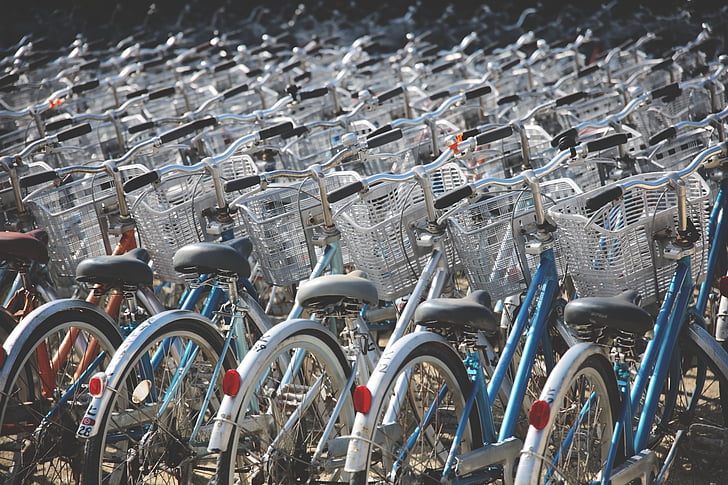 bicicletas, bicicletas, ciclo, fila de, ciclismo, cestas de, retro