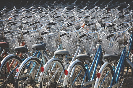 bicycles, bikes, cycle, row, cycling, baskets, retro