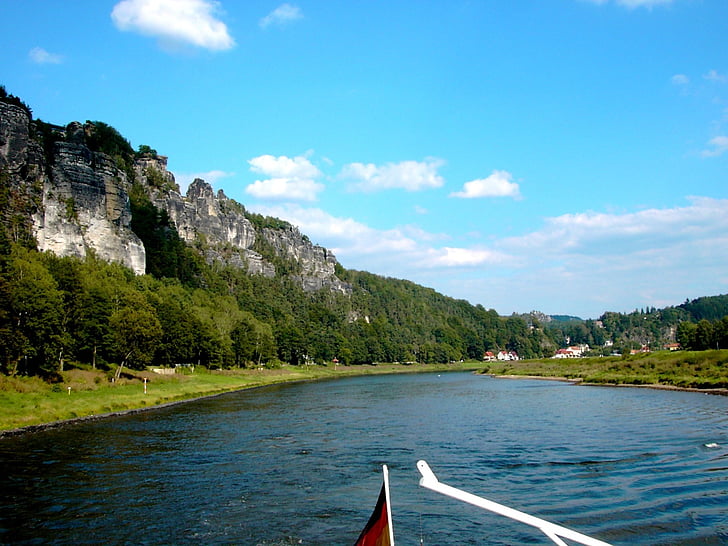 Elbe, Ποταμός, Elbe βουνά ψαμμίτη, ροκ, τοπίο του ποταμού, ουρανός, μπλε