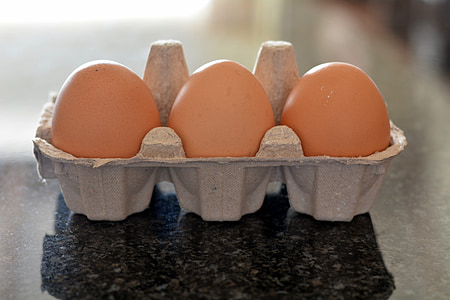 egg container, three eggs, food, healthy