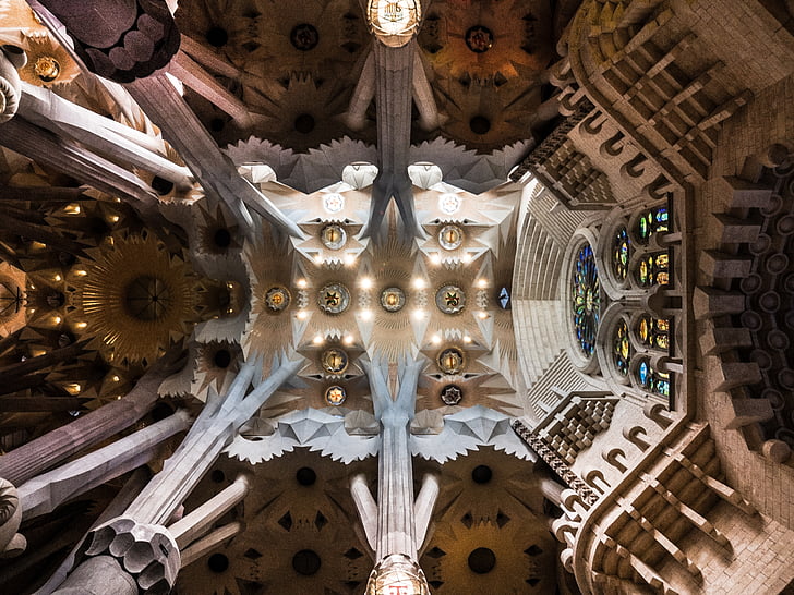 strop, Cathedral, Sagrada familia, Barcelona, Catalonia, vnútri, kostol