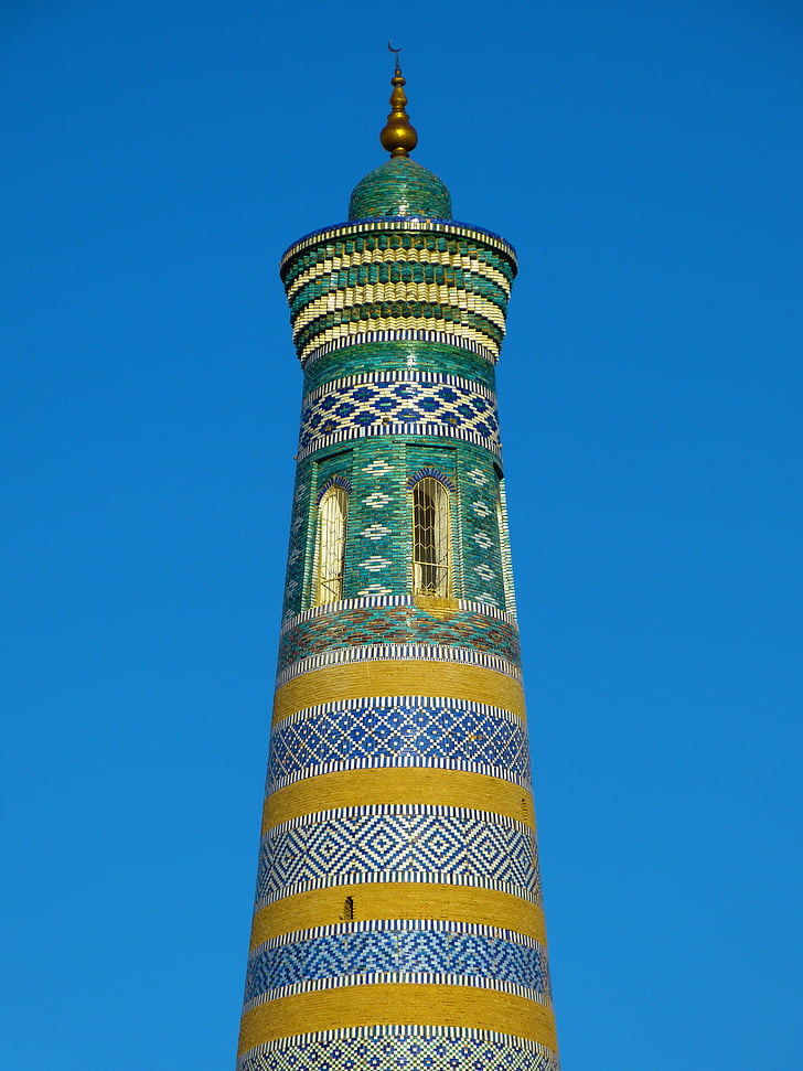 architecture, historical, islam khoja minaret, khiva, landmark, modern, monument