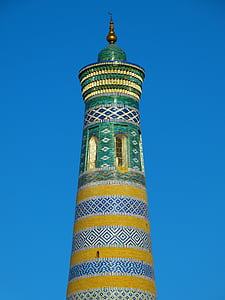 architecture, historical, islam khoja minaret, khiva, landmark, modern, monument