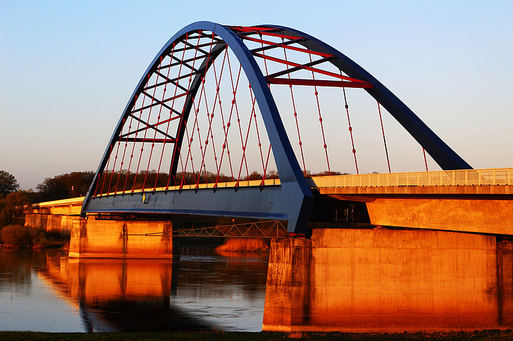 elbe bridge, elbe, dömitz, river, bank, bridge, blue bridge