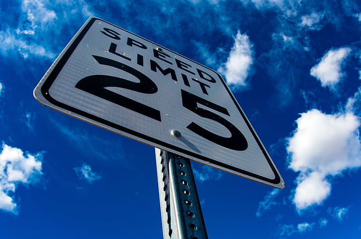 clouds, low angle shot, perspective, road sign, sign, sky, speed limit