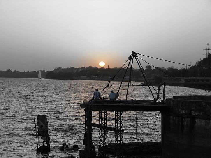 Bhopále, jazero, vody, západ slnka, more, Pier