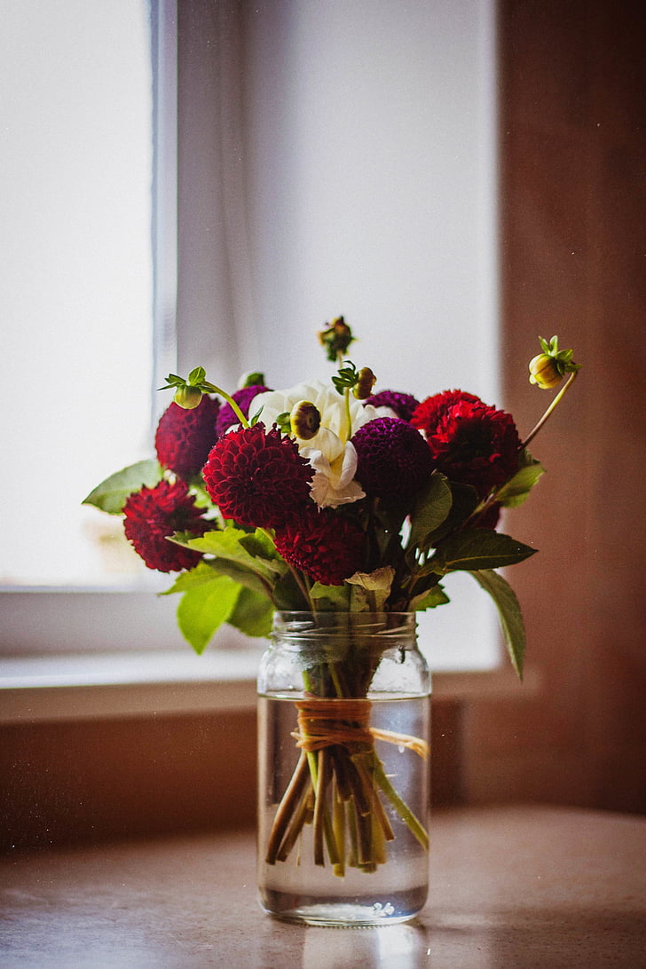 red, white, petaled, flower, arrangement, clear, glass