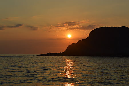 sunset, coast, rock, sea, ocean, reflection, shore