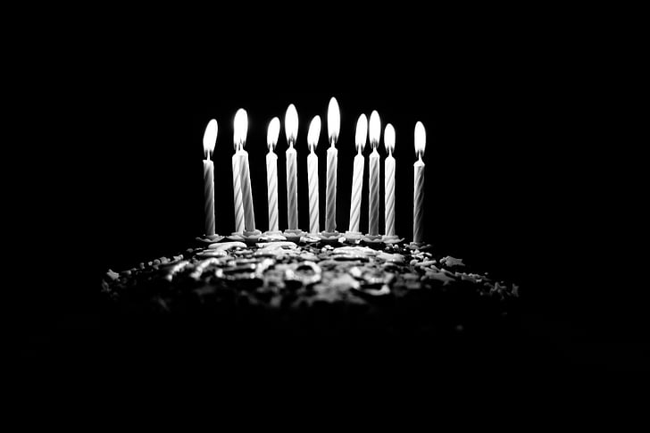 escala de grisos, fotos, espelmes, part superior, pastís, fosc, aniversari