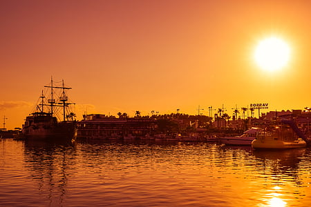 harbor, sunset, sunset colors, boats, evening, reflections, ayia napa