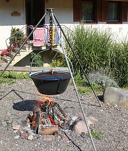 fireplace, flame, embers, wood, pot, lid, mount