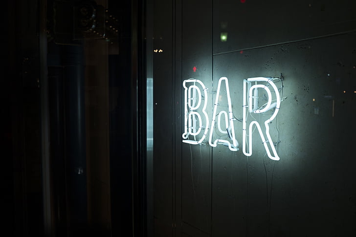 Closeup, foto, Bar, Neon, bewegwijzering, verlichte, donker