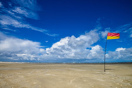beach, sky, blue sky, flag, cloud - sky, sand, blue