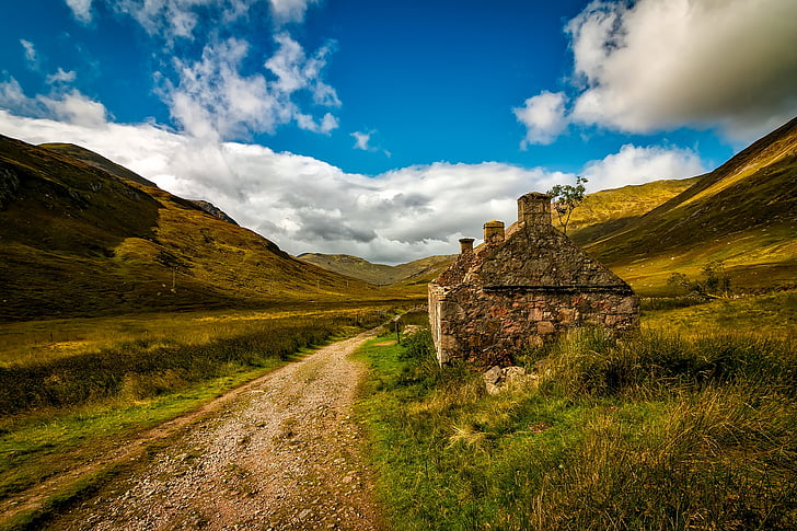 Escócia, casa de campo, casa, abandonado, paisagem, montanhas, terras altas