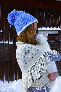 girl, cat, man, scarf, white cat, white, pet