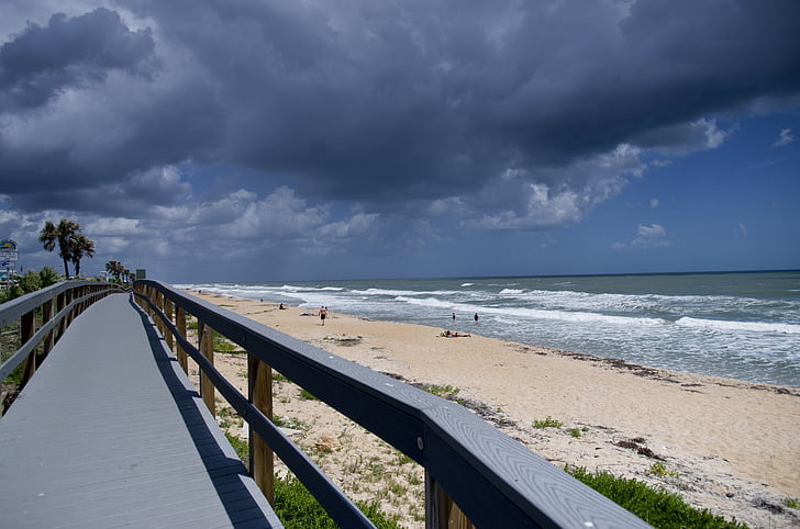beach, boardwalk, ocean, sand, vacation, storm, stormy