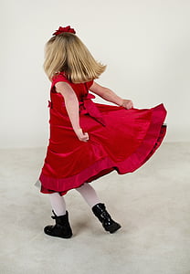 어린 소녀, 실행, 빨간 드레스, 행복, 아이, 소녀, 작은