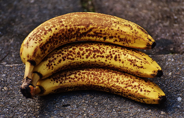 banaanid, puuviljad, puu, terve, kollane, pruunid laigud, banaani koor