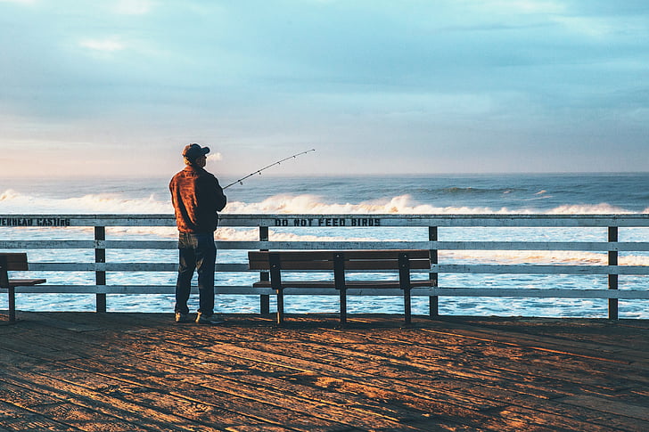 man, fishing, bay, near, bench, day, time