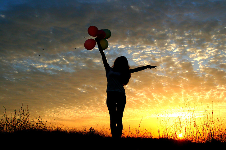 Flicka, solnedgång, ballonger, solen, Sky moln, siluett, skugga