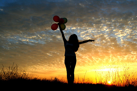 girl, sunset, balloons, sun, sky clouds, silhouette, shadow